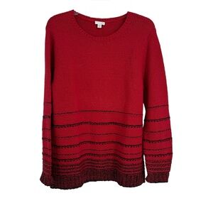 J.Jill Women’s Heavyweight Sweater Size M Red Black Stripe Cotton Wool Longline